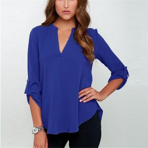 Moda Mujer Chiffon Blouse Elegant Summer Top V-neck Soft Long Sleeve S-5XL Camisa Feminina Moda Mujer Thin Chiffon Blouse