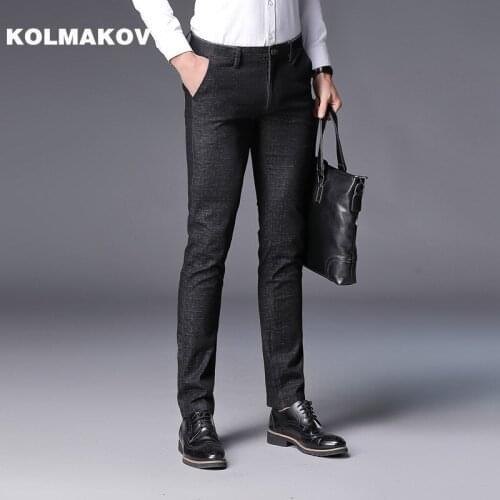 New Arrival Mens ClothingHomme Long Pants Masculino Business Casual Cotton Trousers Skinny Pant Male Dark Grey Plaid Trouser