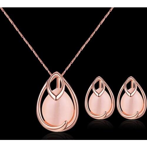 Water Drop Shape Faux Opal Pendant Necklace Earrings Wedding Bridal Jewelry Set