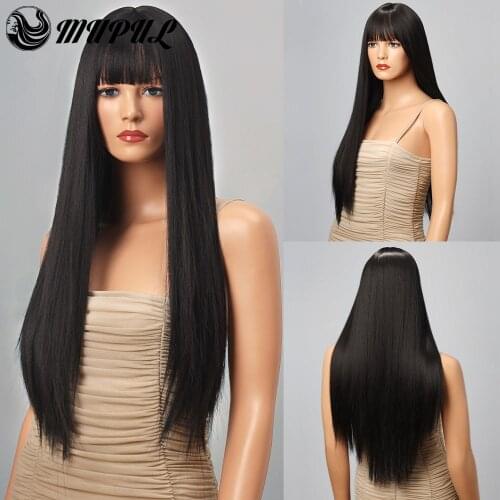 Black Long Straight Synthetic Wigs For Black White Women With Bangs Daily Heat Resistant Nutural Heat Party Fiber Hair Wig