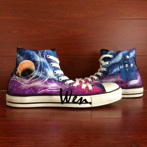 Wen Design Custom Shoes Hand Painted Canvas Snekaers Doctor Who Tardis Galaxy Space Men Womens High Top Canvas Sneakers Gifts