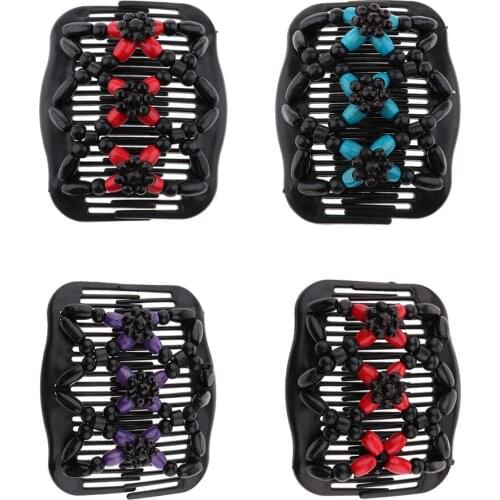 Wooden Beads Stretch Double Side Hair Combs Clips Bun Maker Hair Accessories