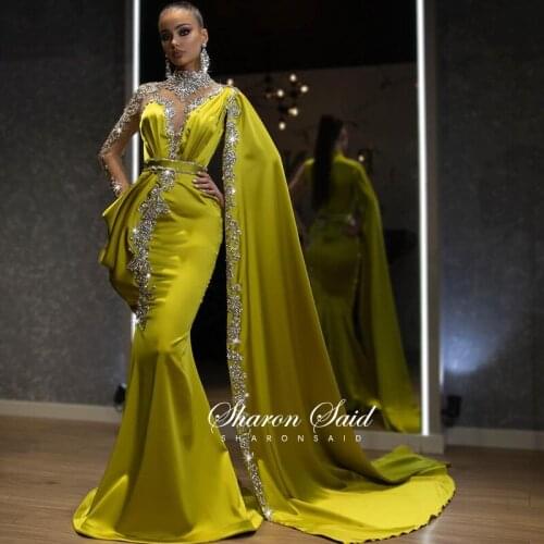 Luxury Long Sleeve Mermaid Arabic Evening Dress with Cape Elegant Turkish Formal Prom Dresses for Women Wedding Party Gowns