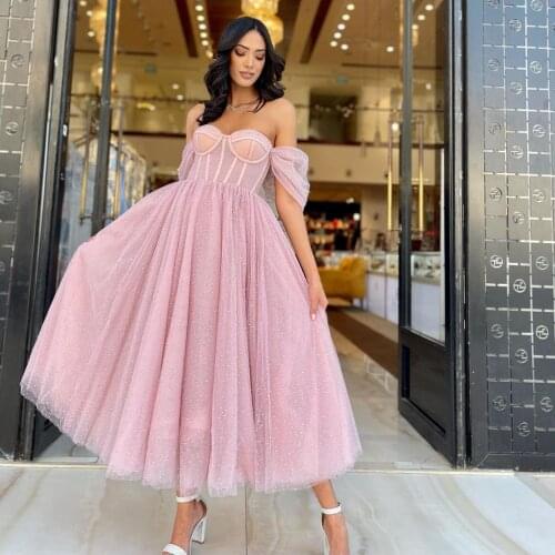 2021 Pink Cocktail Dresses Off the Shoulder Beaded Tulle Ankle Length A Line Prom Dress Custom Made Formal Party Gowns