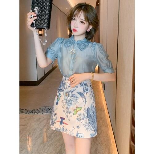 Top Quality Embroidered Baby collar shirt+Print high waist skirt two piece suit womens summer new