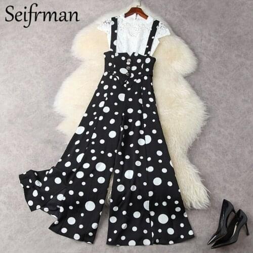 Seifrmann New 2021 Summer Women Fashion Runway Pant Set Lace Mesh Cool Tops+Dot Print Overalls Wide Leg Pants 2 Two Pieces Suit