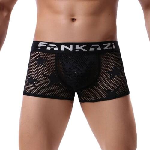 Sexy Mesh Fishnet Boxer Shorts Men Sleep Bottoms Lingerie See Through Underwear Gay Panties Erotic Boxershorts Beach Swimwear
