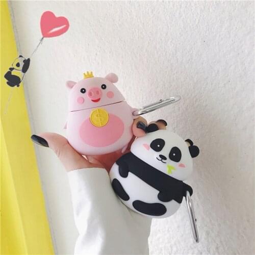 3D Cute Panda Piggy Silicone Earphone Case for Airpods 2 1 Coque Cover with Hook Air Pods Case Wireless Bluetooth Headphone Case