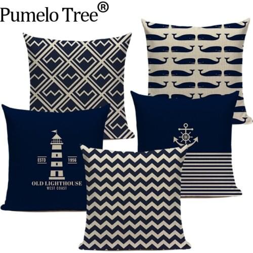 Geometric Pillow CushionCover Nordic Ocean Home Decoration Pillows Custom Linen Print Scandinavian Style Blue White Pillow Cover