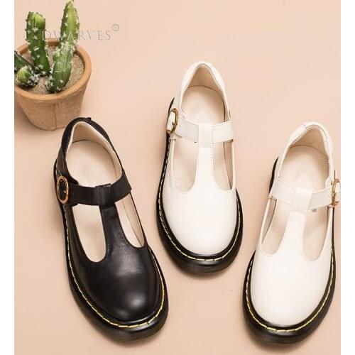 Handmade Leather Flat Mary Jane Shoes For Womens Round Toe Beige/Black