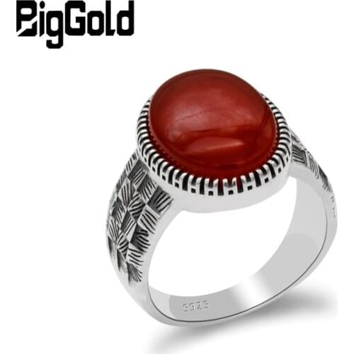 Turkey Jewelry 925 Sterling Silver Big Natural Red Onyx Stone Ring For Men Thai Silver Style Finger Ring Male Women
