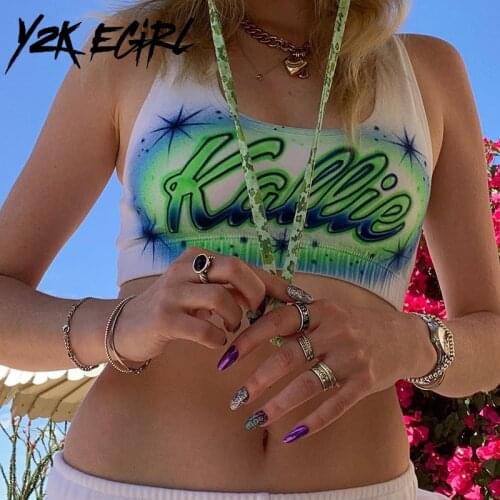 Y2K EGIRL Y2K Streetwear Green Square Neck Crop Tops 90s Fashion Green Graphic Print White Sleeveless Tanks Casual Outfit Summer
