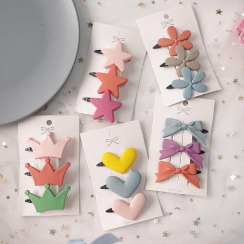 3Pcs/Set Candy Color Hair Clips Crown Star Hair Snap Hairgrips Geometric Barrettes Fashion Women Girls Hair Accessories Female