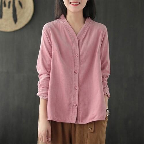 Autumn New Women v-Neck Long Sleeve Blouse Shirts Casual Solid Color Corduroy Women Tops Single Breasted Cotton Top Female