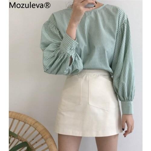 Mozuleva New 2021 Spring Summer Blouses Shirts Plaid Vintage Oversize Korean Checkered Sweet Lady Fashionable Wild Tops BL2078