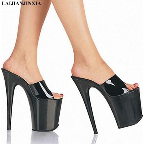 LAIJIANJINXIA New 10 inches high heel sandal shoes sexy stripper high slide 23 cm high heels black platform Womens shoes
