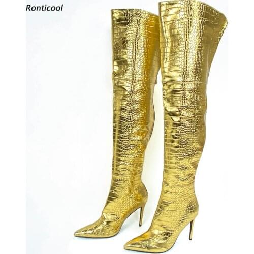Ronticool Women Winter Crotch Boots Crocodile Back Zipper Stiletto Heel Pointed Toe Gold Silver Black Club Shoes Us Size 5-15