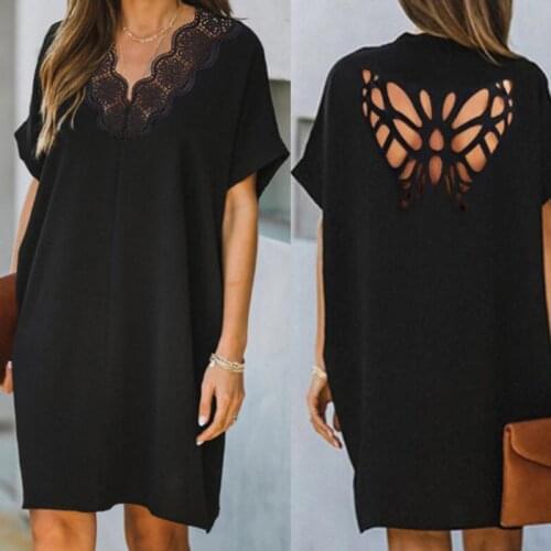 Summer 2021 Women 3XL Sexy Backless Butterfly Design Hollow Out Dresses Woman V-Neck Office Lady Dress Short Sleeve Party Dress