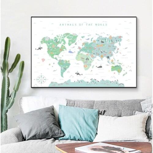 Animals Illustration World Map Wall Art Picture Nursery Print Painting Educational Poster Cartoon Animal Kids Baby Room Decor