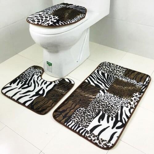 3pcs Animal Print Non- Rug Bath Mat Bathroom Toilet Seat Lid Cover Set