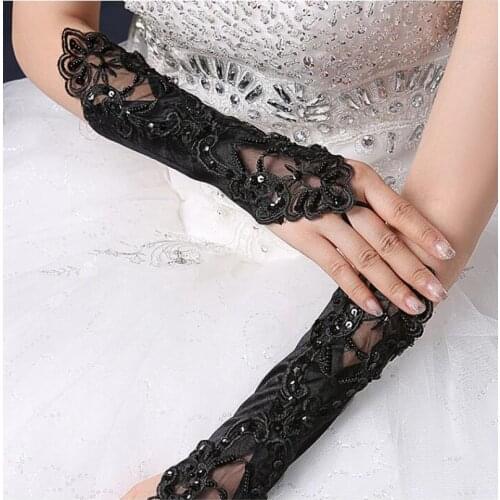 Elbow Length Crystal Satin Fabric wedding accessary hand gloves fingerless