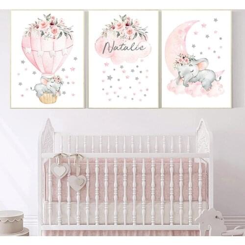 Custom Baby Girl Name Poster Personalized Nursery Pink Elephant Wall Art Customization Canvas Painting Decoration Kids Bedroom
