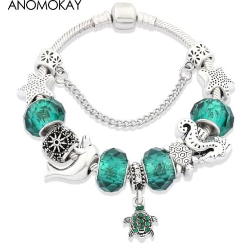 Anomokay Classic Ocean Style Turtle Charm Pendant Bracelet Green Crystal Dolphin DIY Bead Bracelet Cute Animal Bracelet Pulseira