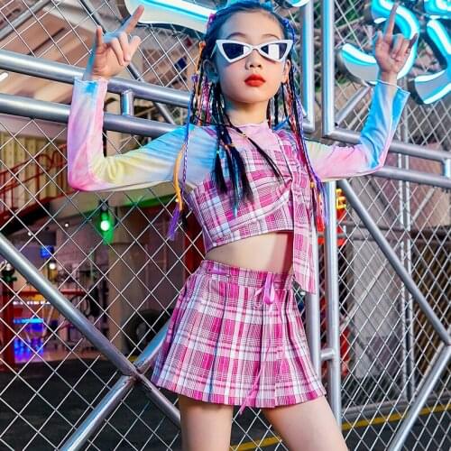 Kids Jazz Dance Costumes Pink Plaid Suit Girls Hip Hop Clothing Stage Performance Wear Children Modern Dancer Outfit DNV13748