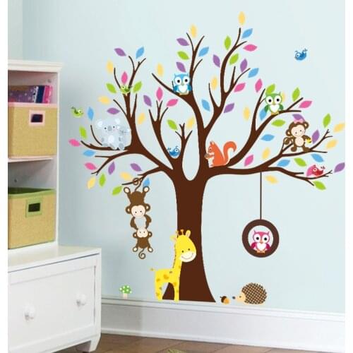 Colorful tree animal wall stickers for kids room decoration monkey owl zoo cartoon diy children baby home decal mural art