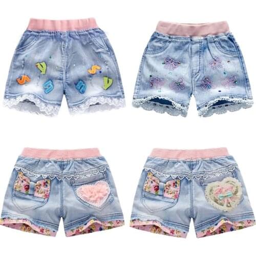 Summer Baby Girl Ripped Jeans Kids Girl Short Jeans Pants Floral Pocket Lace Denim Pant Baby Jeans Teen Girls Clothing 2-12years