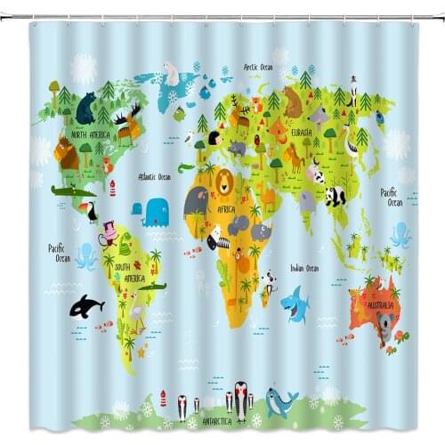 Cute Cartoons Animals World Map Shower Curtain Parrot Dolphin Land Ocean Scenery Kids Bathroom Decor Waterproof Fabric Curtains