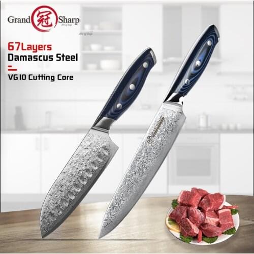 Grandsharp 2Pcs Kitchen Knife Sets Chef Santoku Knife Chefs Knife Sets vg10 Japanese Damascus Steel Knives Set G10 Handle Gift