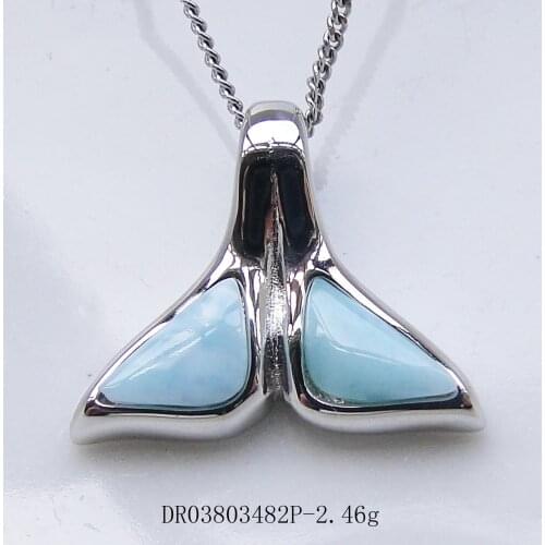 925 Sterling Silver Blue Natural Dominica Larimar Whale Tail Pendant Necklace Womens Charm Pendant For Gift