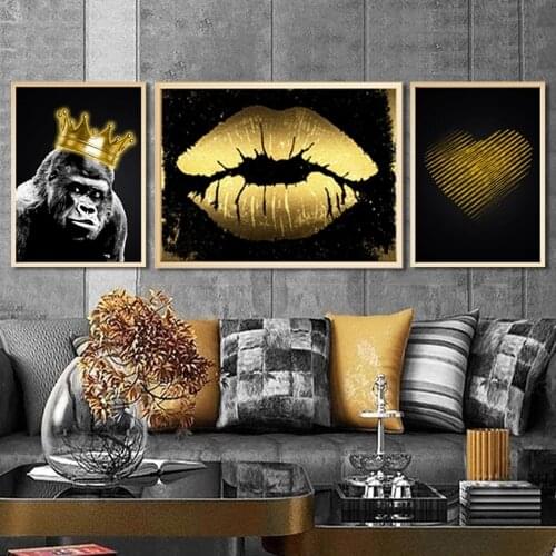 HD Prints Home Decor Golden Fun Animal Lips Heart Canvas Poster Painting Wall Art Modular Picture No Framework For Living Room