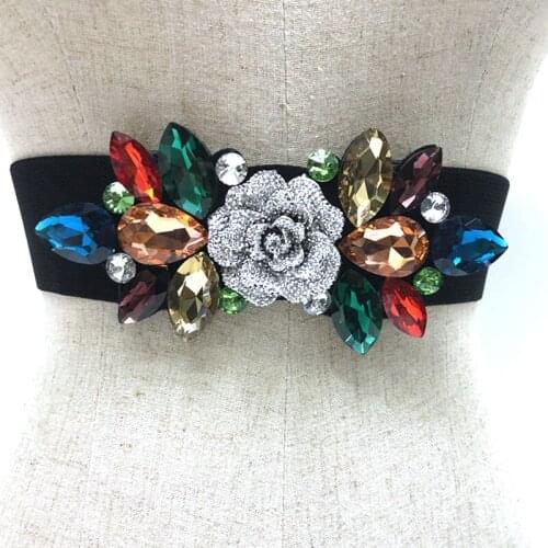 2019 New fashion color Crystal elastic belt Womens Brand Elastic Waistband Female wide Belts For Women Dress accessories SW334
