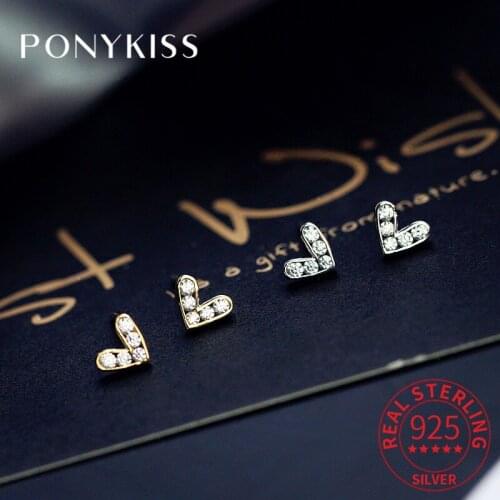PONYKISS Trendy 925 Sterling Silver Heart Zircon 14K Gold Stud Earrings For Women Classic Party Fine Jewlry Gift Drop Shipping