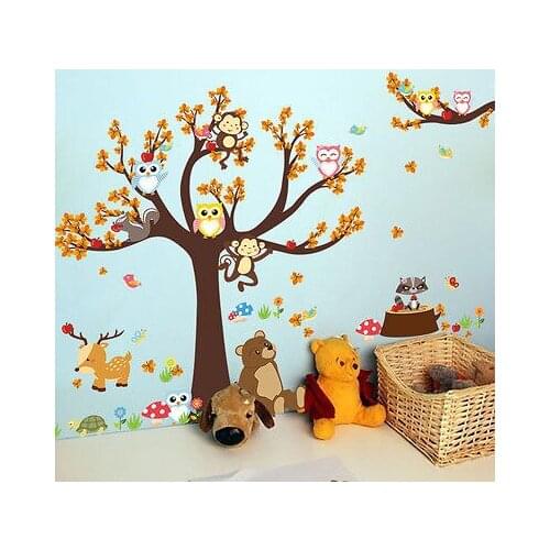 Cute Owls Monkey Jungle Animals Tree Wall Sticker Vinyl Decal Kids Baby Nursery Mural