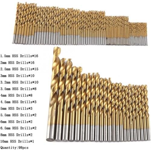 98Pcs/Set HSS Twist Drill Bit 1.5mm-10mm Titanium Coated Metal HSS Drill Bit Tool DIY Woodworking Tools