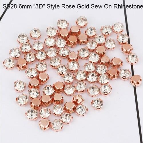 SS28 6mm 3D Claw Glass Sew On Rhinestone With Holes Flat back Rose Gold Plating Crystal Rhinestone For Clothing Decoration