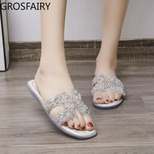 Slippers Women 2021 Summer New Style Korean Round Head Comfortable Super Soft Bottom Pearl Rhinestone Flat-bottomed Womens Sho