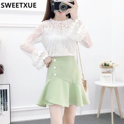 SWEETXUE 2021 Spring Suit Fashion Cute Lace Flared Sleeves Shirt High Waist Ruffle Skirt Two-Piece Set Outfits Preppy Style Lady