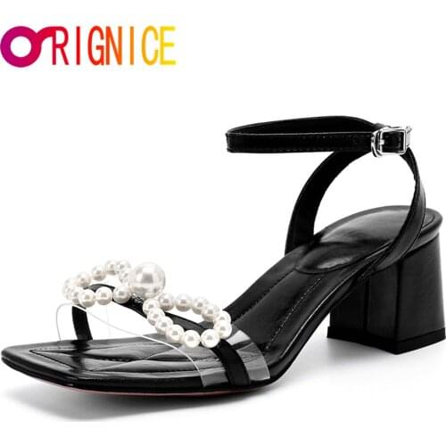 Orignice Hot Sale Pearl Bowknot Women Cow Leather Sandals PVC Transparent High Heels Summer Square Toe Ankle Buckle Strap Shoes