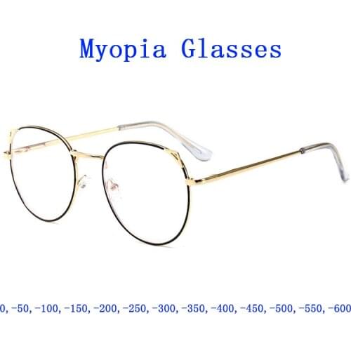 Girls Cat Ear Finished Myopia Glasses Women Blue Light Blocking Eyeglasses Round Retro shorted sighted Spectacles 0,-1.0~-6.0