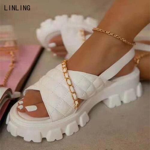 2021 Summer Sandalias Women Luxery Chain Sandals Female Fashion Open Toe Shoes Comfort Outside Platform Flats Laides Plus Size
