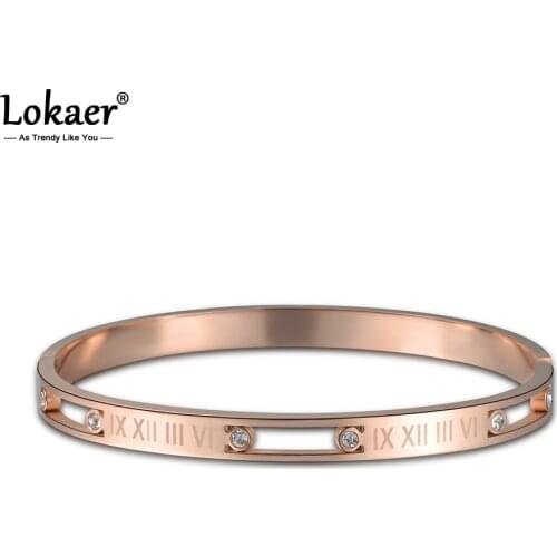 Lokaer Titanium Stainless Steel Bangles Jewelry Roman Alphabet Rhinestone Cuff Love Letter Bracelet & Bangles For Women B17005