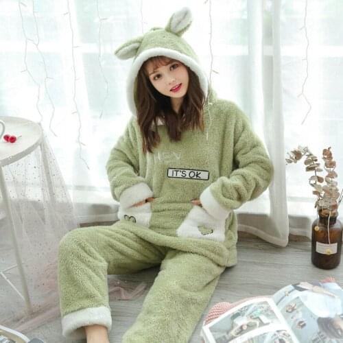 Women Pajama Set Thick Flannel Warm Homewear Winter Pajama Set Long Sleeve Full Trousers Top+pants Pajamas Cartoon Pyjamas Women