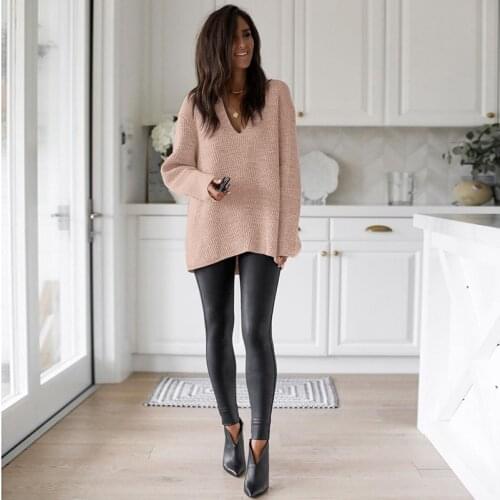 Women Casual Loose Deep V neck Straight Long Sleeve Sweater Pollover 2021 New Office Lady Autumn And Winter Pollover