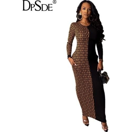 Spring women 2020 fashion hot sale street casual style long dresses long sleeve round neck pockets printed ankle-length dresses