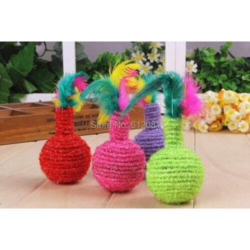 Free shipping pet cat toy ball with feather colorful sound toy elastic rope mixed colors 30pcs/lot