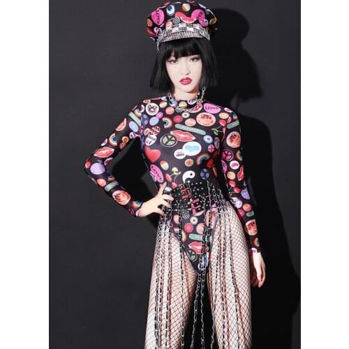 Jazz Dance Costumes Nightclub Dj Fashion Print Bodysuit Stage Clothes For Singers Women Pole Dancing Clothes Rave Wear DT980